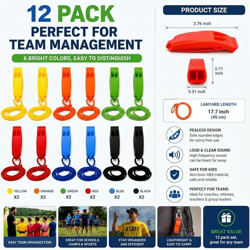 Seenelling 12 Pcs Pealess Whistles with Lanyards Professional Sports Whistle Bulk 120dB Loud Crisp Sound ABS Plastic for Coaches, Referees, Teachers, Lifeguards, PE Classes, Emergency, 6 Bright Colors in Kuwait