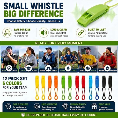 Seenelling 12 Pcs Pealess Whistles with Lanyards Professional Sports Whistle Bulk 120dB Loud Crisp Sound ABS Plastic for Coaches, Referees, Teachers, Lifeguards, PE Classes, Emergency, 6 Bright Colors in Kuwait