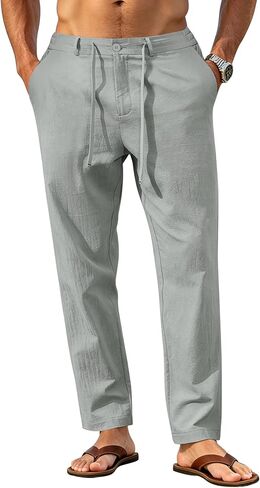 Mens Linen Pants Casual Linen Dress Pants Drawstring Summer Beach Lightweight Trousers with 4 Pockets in Saudi Arabia