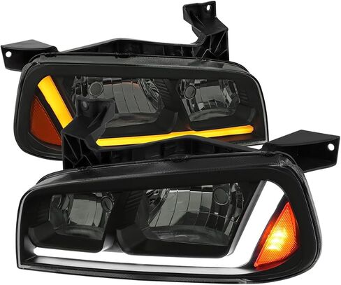 SPEC-D ضبط المصابيح الأمامية السوداء مع شريط LED من الألياف البصرية وضوء إشارة الانعطاف متوافق مع سيارة دودج تشارجر 4Dr سيدان 2006-2010، مجموعة المصابيح الأمامية اليسرى + اليمنى in Kuwait