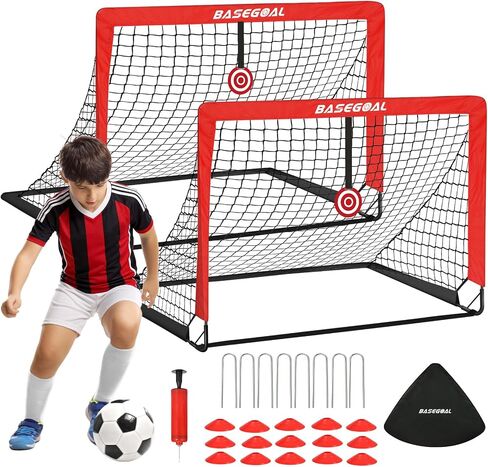 مجموعة أهداف كرة القدم BaseGoal للفناء الخلفي مكونة من قطعتين، شبكة كرة قدم محمولة للأطفال والشباب مقاس 4 × 3 أقدام، شبكة كرة قدم منبثقة للأطفال والشباب، معدات تدريب كرة القدم في الهواء الطلق مع كرة قدم وأقماع وأهداف وإكسسوارات in Kuwait