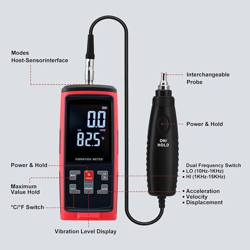 Digital Vibration Meter Vibrometer, 3-in-1, 3 Detachable Probes, ISO 10816 for Motors & Bearings | 3-in-1 detects acceleration, velocity and displacement. Dual bands 10Hz–1kHz & 1kHz–3kHz, for pumps and bearing testing in Kuwait