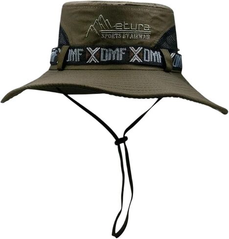 Summer Men Bucket Hat Outdoor Wide Brim Panama Safari Hiking Hat Mesh Fisherman Hat Beach Sunscreen Cap(Mesh ArmyGreen) in Kuwait