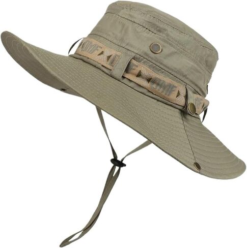 Summer Men Bucket Hat Outdoor Wide Brim Panama Safari Hiking Hat Mesh Fisherman Hat Beach Sunscreen Cap(Mesh ArmyGreen) in Kuwait