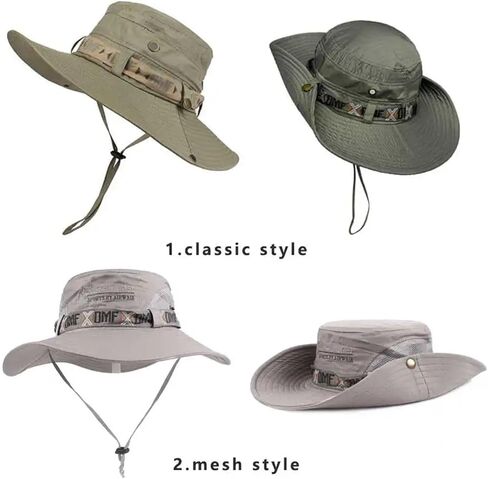 Summer Men Bucket Hat Outdoor Wide Brim Panama Safari Hiking Hat Mesh Fisherman Hat Beach Sunscreen Cap(Mesh ArmyGreen) in Kuwait