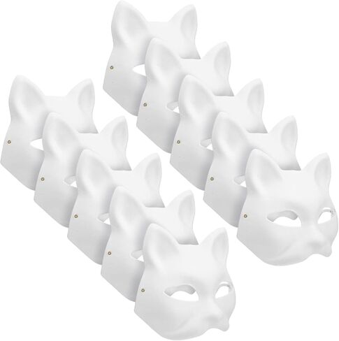 MAELSTROM 10Pcs Therian Mask Cat Fox White Cat Animal Mask Blank Halloween Costume for Kids Adults Masquerade for Holiday Party ＆ Therian (10Pcs) in Kuwait