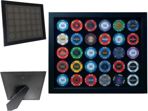 Poker Chip Display Case for 30 Chips – 11"x13" Wood Frame Shadow Box, Wall Mount or Tabletop, Acrylic Display Frame for Casino Chips, Challenge Coins, Collector Souvenirs in Kuwait
