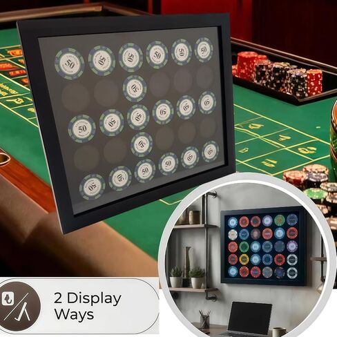 Poker Chip Display Case for 30 Chips – 11"x13" Wood Frame Shadow Box, Wall Mount or Tabletop, Acrylic Display Frame for Casino Chips, Challenge Coins, Collector Souvenirs in Kuwait