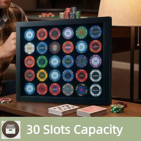 Poker Chip Display Case for 30 Chips – 11"x13" Wood Frame Shadow Box, Wall Mount or Tabletop, Acrylic Display Frame for Casino Chips, Challenge Coins, Collector Souvenirs in Kuwait