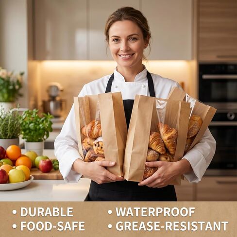 100 قطعة من أكياس الخبز مع نافذة وملصقات، أكياس مخبز ورقية كبيرة مقاس 13 × 8 × 3.5 بوصة للخبز المنزلي والبسكويت والسندويشات وأكياس تخزين الطعام المقاومة للدهون للمخبوزات والوجبات الجاهزة وتغليف الهدايا in Kuwait