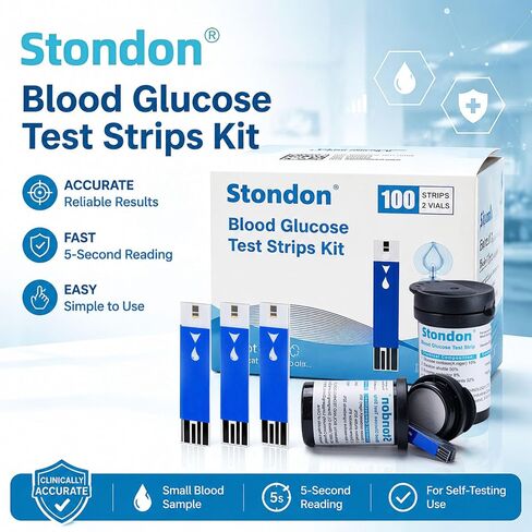 Stondon Blood Glucose Test Strips and Lancets, 100 Test Strips + 100 Lancets, Compatible with Stondon G430/G520/G425-3 Glucose Meters, No Coding Blood Sugar Testing Supplies in Kuwait