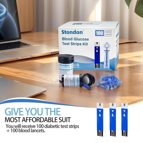 Stondon Blood Glucose Test Strips and Lancets, 100 Test Strips + 100 Lancets, Compatible with Stondon G430/G520/G425-3 Glucose Meters, No Coding Blood Sugar Testing Supplies in Kuwait