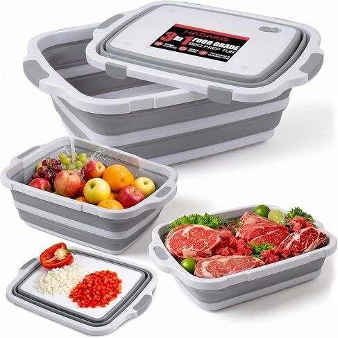 All-in-One Collapsible BBQ Prep Tub 8L - Marinating Station & Food Storage with Built-in Cutting Board & Airtight Lid - Perfect for Grilling, Camping & Kitchen Organization (Gray) in Kuwait