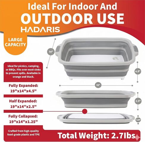 All-in-One Collapsible BBQ Prep Tub 8L - Marinating Station & Food Storage with Built-in Cutting Board & Airtight Lid - Perfect for Grilling, Camping & Kitchen Organization (Gray) in Kuwait
