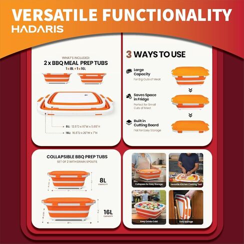 All-in-One Collapsible BBQ Prep Tub 8L - Marinating Station & Food Storage with Built-in Cutting Board & Airtight Lid - Perfect for Grilling, Camping & Kitchen Organization (Gray) in Kuwait
