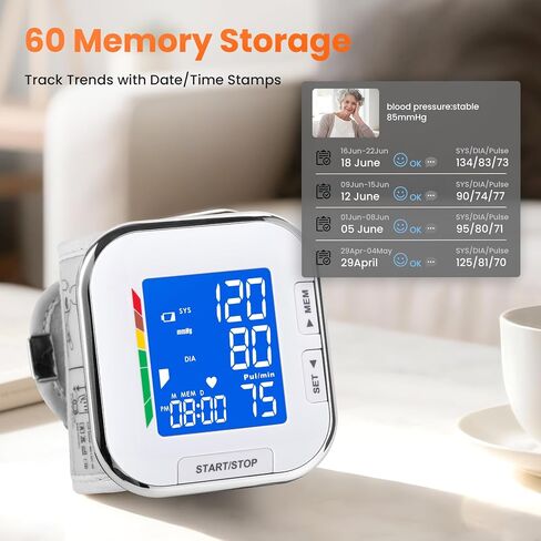 جهاز مراقبة ضغط الدم، سوار معصم قابل للتعديل، شاشة LCD بإضاءة خلفية، جهاز BP للاستخدام المنزلي، يخزن ما يصل إلى 60 قراءة، البطاريات متضمنة مع حقيبة الحمل in Kuwait