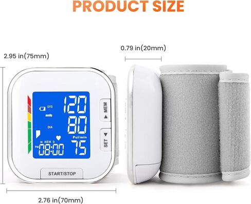 جهاز مراقبة ضغط الدم، سوار معصم قابل للتعديل، شاشة LCD بإضاءة خلفية، جهاز BP للاستخدام المنزلي، يخزن ما يصل إلى 60 قراءة، البطاريات متضمنة مع حقيبة الحمل in Kuwait