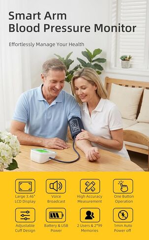 Upper Arm Blood Pressure Monitor for Home Use with Wide Range Cuff, Automatic Digital BP Machine with Large LCD Display, Voice Broadcast, 2x99 Sets Memory, Ideal for Family Health Monitoring in Kuwait