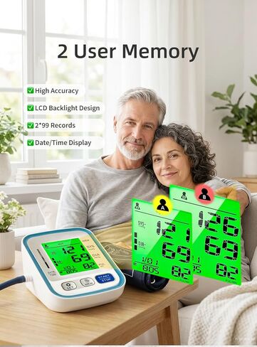 Upper Arm Blood Pressure Monitor for Home Use with Wide Range Cuff, Automatic Digital BP Machine with Large LCD Display, Voice Broadcast, 2x99 Sets Memory, Ideal for Family Health Monitoring in Kuwait