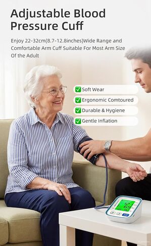 Upper Arm Blood Pressure Monitor for Home Use with Wide Range Cuff, Automatic Digital BP Machine with Large LCD Display, Voice Broadcast, 2x99 Sets Memory, Ideal for Family Health Monitoring in Kuwait