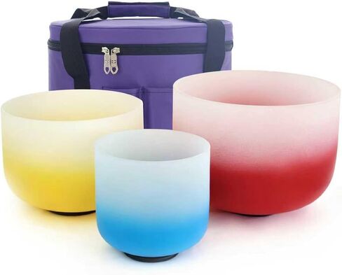 KVKA 432hz Gradient 12 C 10 E 8 G Chakra Frosted Crystal Singing Bowls Sets of 3 8-12 inch with Carrying Case - 12C Red 10E Yellow 8G Blue for Yoga Sound Healing (Gradient) in Kuwait