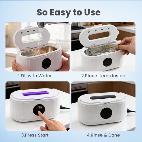 Ultrasonic Jewelry Cleaner, 49KHz Sonic Cleaner with 5 Timer Modes, Professional Eyeglass & Jewelry Cleaning Machine for Ring, Denture, Retainer, Watch Band, 304 Stainless Steel Tank (White) in Kuwait