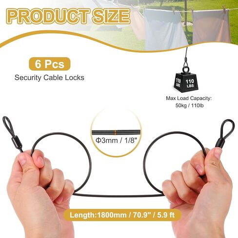 PATIKIL Security Cable Lock (1/8" Dia 5.9ft 110lb Load Capacity, Black) (6 Pcs) Vinyl Coated Stainless Steel Double Loops Flexible Wire Rope Safety Cable Luggage Lock Suit for - Outdoor in Kuwait