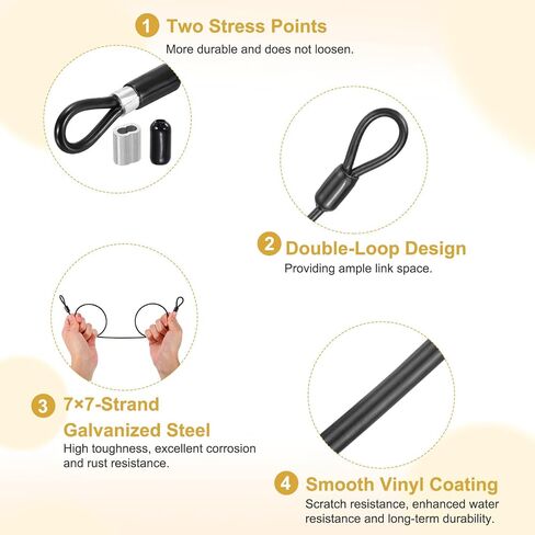 PATIKIL Security Cable Lock (1/8" Dia 5.9ft 110lb Load Capacity, Black) (6 Pcs) Vinyl Coated Stainless Steel Double Loops Flexible Wire Rope Safety Cable Luggage Lock Suit for - Outdoor in Kuwait