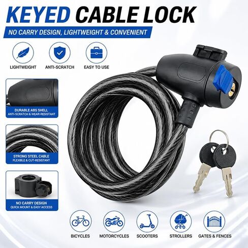 Bike Lock,Bike Cable Lock with Keys,Durable Steel,Coiled Steel Security Cable for Bicycle with Keys for Outdoor Equipment,Bicycles,Scooters,Fence in Kuwait