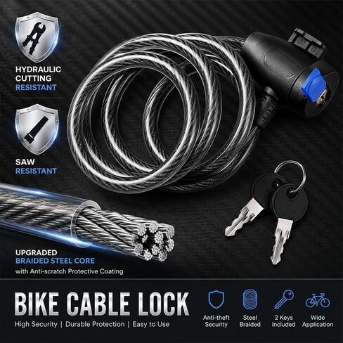 Bike Lock,Bike Cable Lock with Keys,Durable Steel,Coiled Steel Security Cable for Bicycle with Keys for Outdoor Equipment,Bicycles,Scooters,Fence in Kuwait