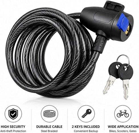 Bike Lock,Bike Cable Lock with Keys,Durable Steel,Coiled Steel Security Cable for Bicycle with Keys for Outdoor Equipment,Bicycles,Scooters,Fence in Kuwait