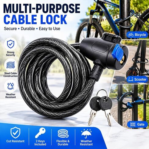 Bike Lock,Bike Cable Lock with Keys,Durable Steel,Coiled Steel Security Cable for Bicycle with Keys for Outdoor Equipment,Bicycles,Scooters,Fence in Kuwait