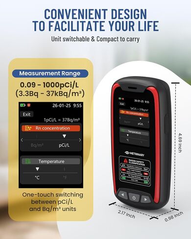 Radon Detector for Home, Rechargeable Radon Monitor with TFT Color Display, Portable Radon Tester with 12H Initial Result, 504 Days Data Memory, Visual & Audible Alert (pCi/L or Bq/m³) in Kuwait