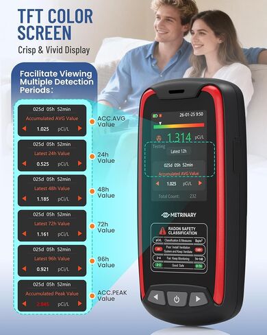 Radon Detector for Home, Rechargeable Radon Monitor with TFT Color Display, Portable Radon Tester with 12H Initial Result, 504 Days Data Memory, Visual & Audible Alert (pCi/L or Bq/m³) in Kuwait