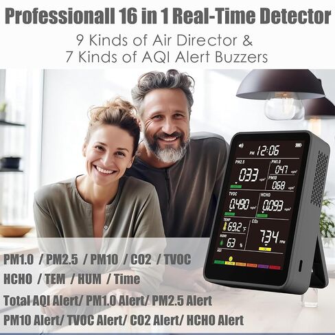 جهاز مراقبة جودة الهواء الداخلي الاحترافي مع تنبيهات AQI، كاشف محمول في الوقت الفعلي للمنزل والسيارة والنباتات والحيوانات الأليفة in Kuwait