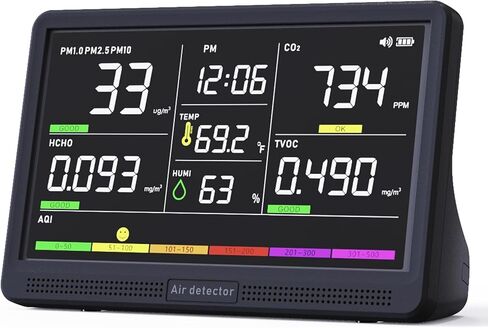 جهاز مراقبة جودة الهواء الداخلي الاحترافي مع منبهات صوتية 7X AQI، كاشف محمول في الوقت الحقيقي 16 في 1 لـ PM2.5 | بي ام 10 | ثاني أكسيد الكربون | TVOC | هكو | درجة الحرارة | همم للمنزل، السيارات، النباتات، الحيوانات الأليفة (أسود داكن) in Kuwait