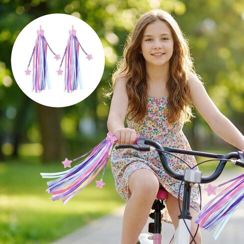 2 Pack Bike Streamers, Bike Tassels for Girls, Bike Ribbon Tassels, Bicycle Handlebar Streamers Colorful Ribbons Accessories for Girls Boys, Fits Bike Scooter Tricycle in Kuwait