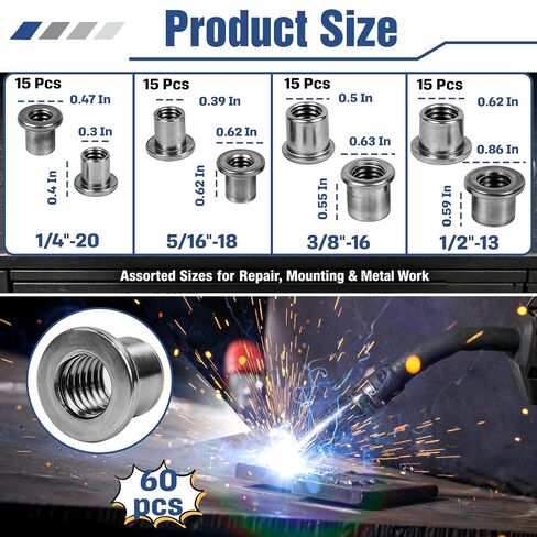 60 Pcs T-Shaped Weld Nuts, 4 Sizes Carbon Steel Weld-On Nuts Assortment, SAE Threaded Weld Nuts 1/4"-20 5/16"-18 3/8"-16 1/2"-13, for Steel Chassis Mounting Tabs, Automotive Repair & Metal Fabrication in Kuwait