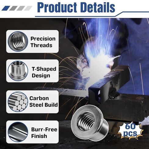 60 Pcs T-Shaped Weld Nuts, 4 Sizes Carbon Steel Weld-On Nuts Assortment, SAE Threaded Weld Nuts 1/4"-20 5/16"-18 3/8"-16 1/2"-13, for Steel Chassis Mounting Tabs, Automotive Repair & Metal Fabrication in Kuwait