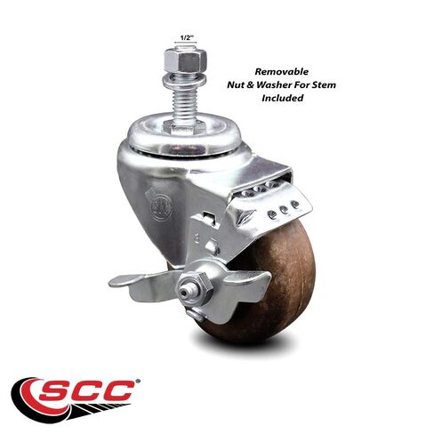 High Temp Glass Filled Nylon Swivel Threaded Stem Caster w/3.5" x 1.25" Brown Wheel and 1/2" Stem & Top Locking Brake - 350 lbs Capacity/Caster - Service Caster Brand in Kuwait