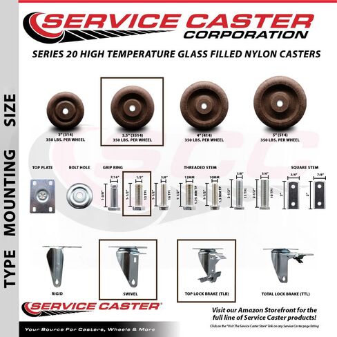 High Temp Glass Filled Nylon Swivel Threaded Stem Caster w/3.5" x 1.25" Brown Wheel and 1/2" Stem & Top Locking Brake - 350 lbs Capacity/Caster - Service Caster Brand in Kuwait