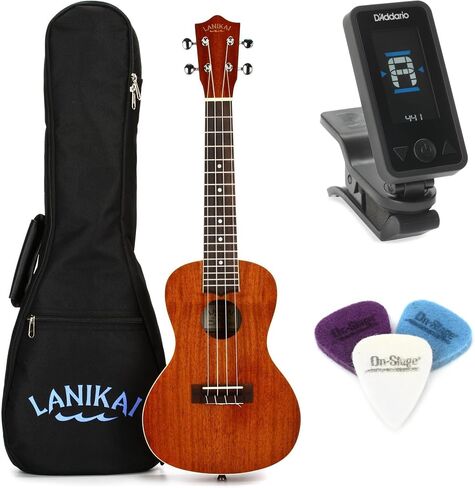 مجموعة Lanikai MA-C Mahogany Ukulele Essentials - حفلة موسيقية، مع حقيبة أزعج، موالف مشبك، ولباد in Saudi Arabia
