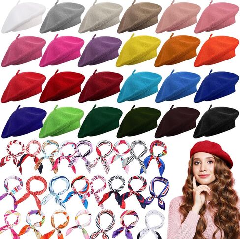 Shinymoon 48 Pcs Women Wool Beret Hat with Silky Scarf French Beret Bulk Artist Beret for Women Girls Winter (Multiple Color,Classic Style) in Kuwait