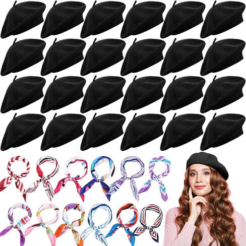 Shinymoon 48 Pcs Women Wool Beret Hat with Silky Scarf French Beret Bulk Artist Beret for Women Girls Winter (Multiple Color,Classic Style) in Saudi Arabia