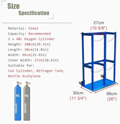 Cylinder Tank Holder Universal Gas Cylinder Cart Trolley, Portable Rolling Oxygen Tank Cart, Large Heavy Duty Oxygen Cylinder Rack for Laboratory/Factory(Holds Two cans) in Kuwait
