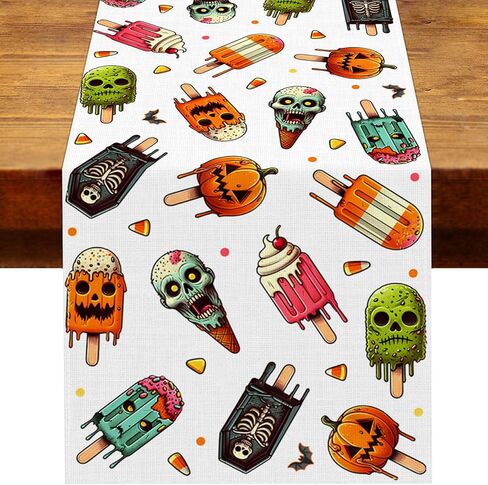 Summerween مفرش طاولة مخيف المصاصة الجمجمة الآيس كريم ديكور الحفلات اليقطين الحلوى الذرة المنزل المطبخ غرفة الطعام ديكور الطاولة (13 بوصة × 72 بوصة) in Kuwait