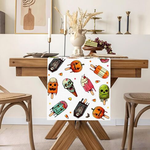 Summerween مفرش طاولة مخيف المصاصة الجمجمة الآيس كريم ديكور الحفلات اليقطين الحلوى الذرة المنزل المطبخ غرفة الطعام ديكور الطاولة (13 بوصة × 72 بوصة) in Kuwait