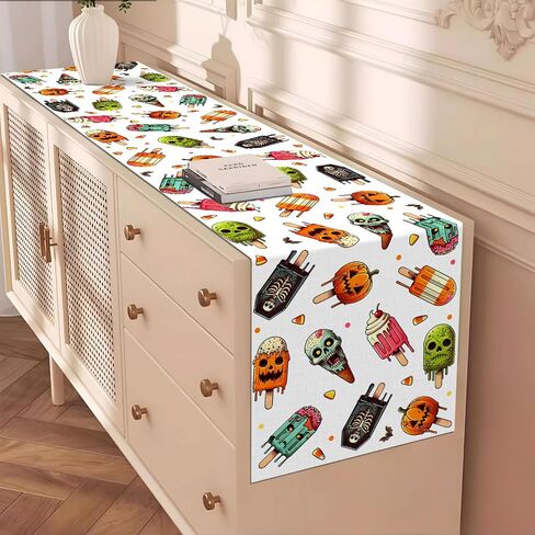 Summerween مفرش طاولة مخيف المصاصة الجمجمة الآيس كريم ديكور الحفلات اليقطين الحلوى الذرة المنزل المطبخ غرفة الطعام ديكور الطاولة (13 بوصة × 72 بوصة) in Kuwait