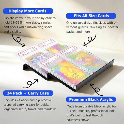 24 Pack Modular Card Risers for Display Cases,with Protective Carry Case,Black Acrylic Trading Card Showcase Stands for Graded Trading Cards PSA BGS Singles,Vendor Events & Collectors in Kuwait