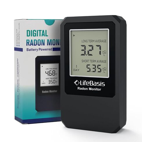 LifeBasis Radon Detector, Radon Test for Home with Long and Short Term Radon Meter, Home Radon Gas Monitor US Version-pCi/L (Update Version, Matte Black) in Kuwait